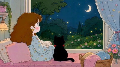 月夜窗边少女与黑猫