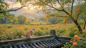 红柿黄昏・橘猫古墙