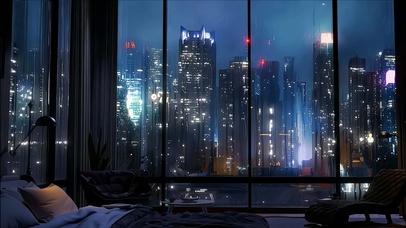 雨夜卧室落地窗