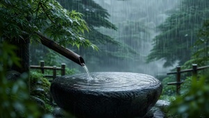 雨中庭院竹管流泉
