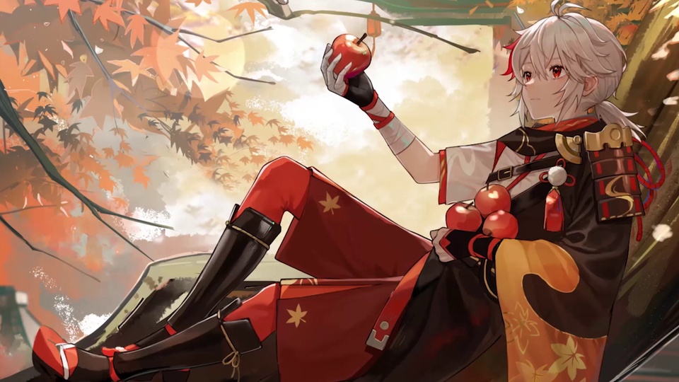 橙红枫树林暖光下，枫原万叶身着黑红和风服饰倚坐，身侧散落红苹果，画面铺满飘落的枫叶。