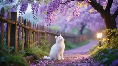 紫藤花树下的白猫