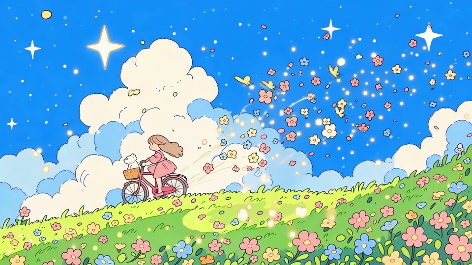 骑行的粉裙少女与筐中小狗在花草坡上行进，身后飘出花屑星光