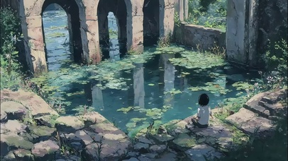 湖泊古迹废墟静谧男孩