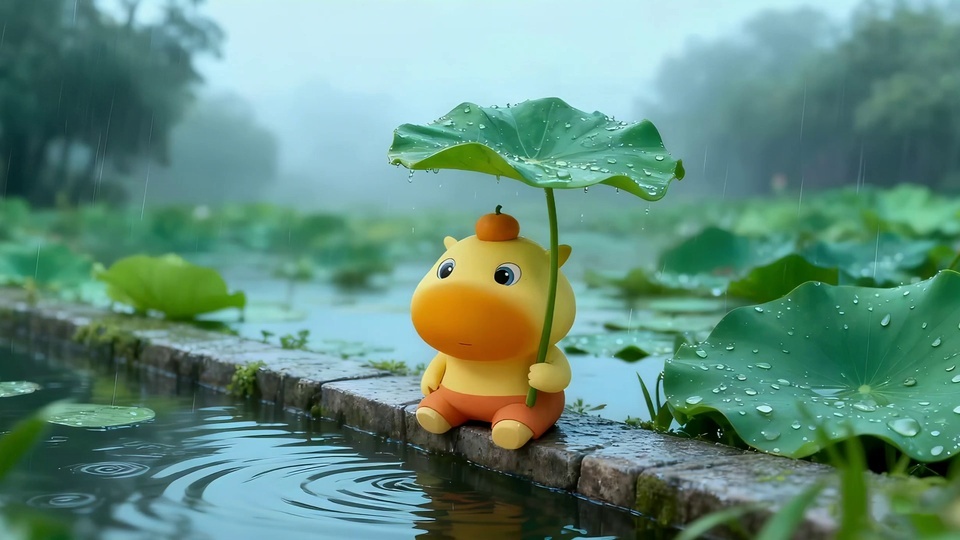 雨中荷塘里的明黄色Q版水豚噜噜，站在橙棕色石头上，周围是青绿色荷叶。