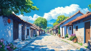 夏日晴空静谧乡村小镇