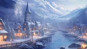 夜景雪景树木房屋河流带鱼屏