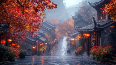 秋日小雨红叶朦胧古镇