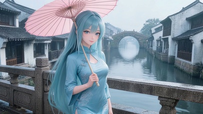 江南水乡蓝发美女