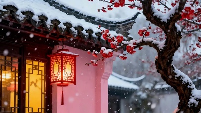 雪梅灯笼雪景