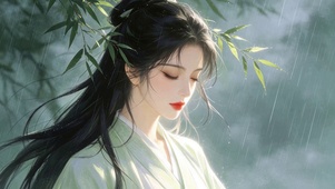 雨中竹林青衣女子