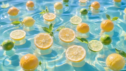 清凉泳池里的柠檬片
