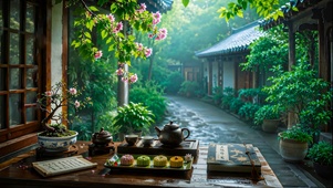 窗外雨景小巷