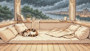 雨夜窗边慵懒猫
