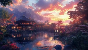 粉色晚霞湖畔古风建筑