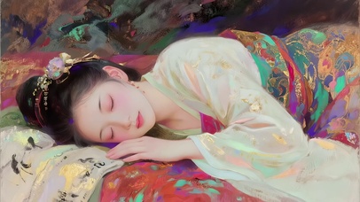 彩绘画中休憩的美女