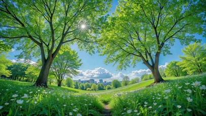 晴朗阳光绿草地治愈风景