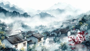 烟雨朦胧云雾江南小镇