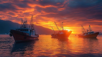 梦幻晚霞海面船队