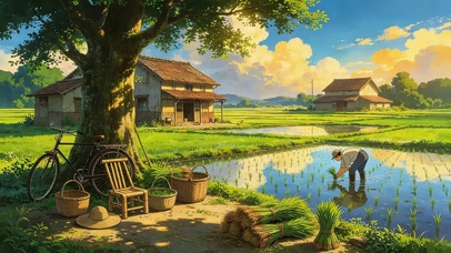 晚霞稻田插秧风景