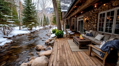 雪天雪山森林屋