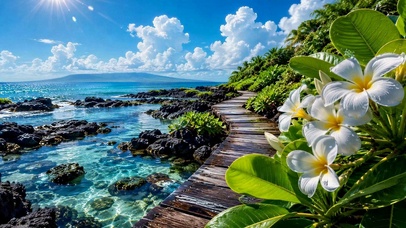 清新海边栈道治愈风景