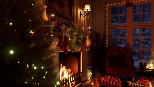夜晚雪天壁炉圣诞屋