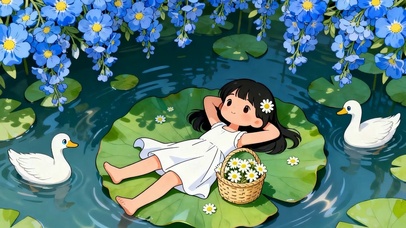 夏天躺荷叶女孩