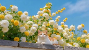 墙头鲜花猫咪