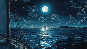 圆月蓝色星空帆船大海