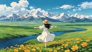 雪山草原花海少女
