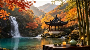 彩林山水瀑布亭子