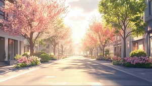 粉樱绿树静谧清新街道