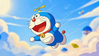 乘着竹蜻蜓的蓝胖子