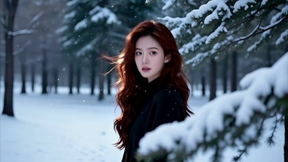 雪松旁的黑衣美女