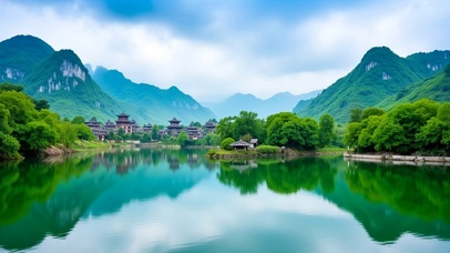 绿色山水古镇