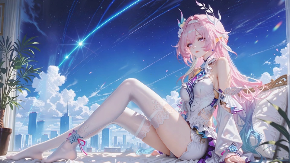粉发白丝少女靠在窗边，背景是布满流星光轨的蓝天与远方城市。