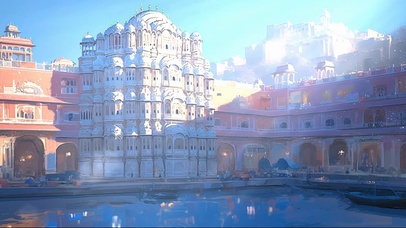 清晨阳光古堡池塘插画