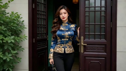 庭院前着唐装的女总裁气质美女