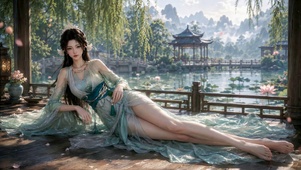 古风园林湖边清丽美人