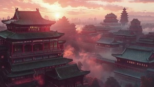 宏伟云雾傍晚古城建筑