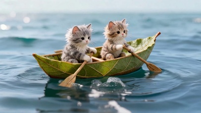 萌猫划树叶船海上漂流