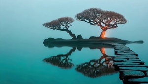 静谧湖面孤树倒影