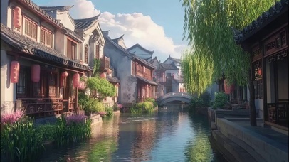 晴天水乡溪流古城建筑