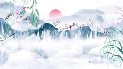 中国风手绘梅花清明时节乌篷船