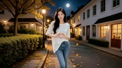 欧式洋房小区比心拍照的美女