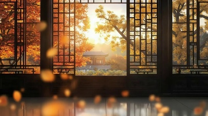 唯美秋日园林窗户风景