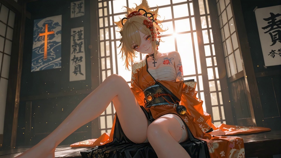 3D二次元风格，金发橙瞳的宵宫身着橙红色印花短款和服，坐于日式和室木格窗前，窗外透入暖金色逆光，室内漂浮细碎金色光斑，背景可见书法挂画与深棕木质陈设。