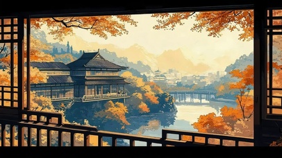 静谧秋日古城河岸建筑