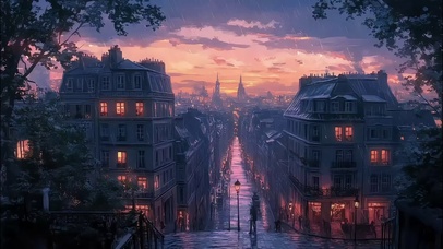 紫色晚霞静谧雨中城市